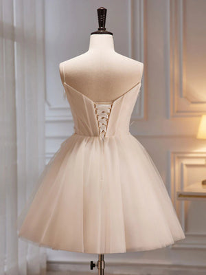 V Neck Light Champagne Tulle Short Prom Dresses, Short Champagne Tulle Formal Homecoming Dresses, Custom Size / Custom Color / No Rush