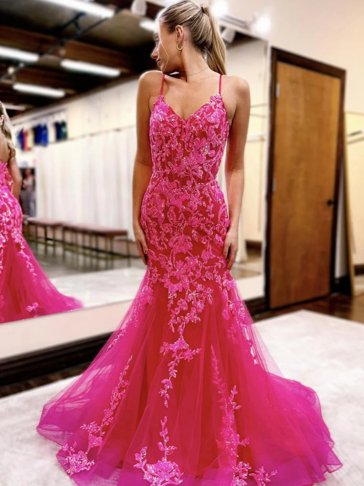 V Neck Oragne Pink Lace Mermaid Prom Dresses, V Neck Mermaid Lace Form - shegown V Neck Oragne Pink Lace Mermaid Prom Dresses, V Neck Mermaid Lace Form - shegown