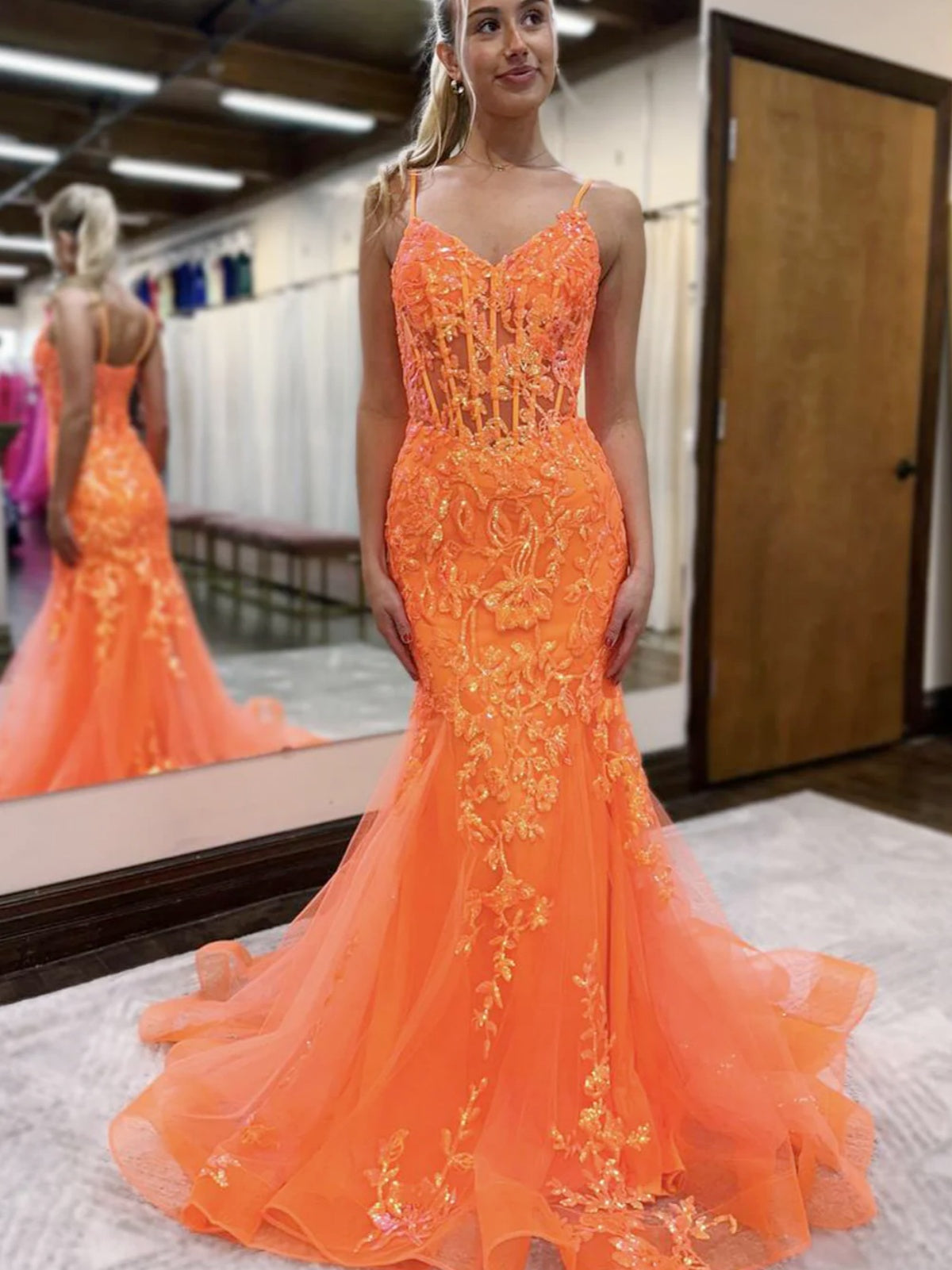 V Neck Oragne Pink Lace Mermaid Prom Dresses, V Neck Mermaid Lace Formal Evening Dresses, US 10 / Custom Color / No Rush V Neck Oragne Pink Lace Mermaid Prom Dresses, V Neck Mermaid Lace Formal Evening Dresses, US 10 / Custom Color / No Rush