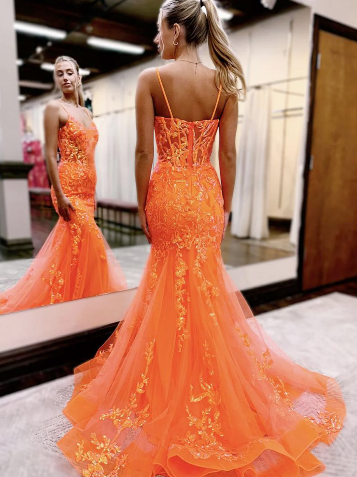 V Neck Oragne Pink Lace Mermaid Prom Dresses, V Neck Mermaid Lace Formal Evening Dresses, US 10 / Custom Color / No Rush V Neck Oragne Pink Lace Mermaid Prom Dresses, V Neck Mermaid Lace Formal Evening Dresses, US 10 / Custom Color / No Rush