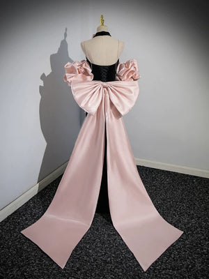 V Neck Pink Black Satin Long Prom Dresses with Bow, Pink Black Long Formal Evening Dresses