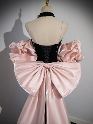 V Neck Pink Black Satin Long Prom Dresses with Bow, Pink Black Long Formal Evening Dresses