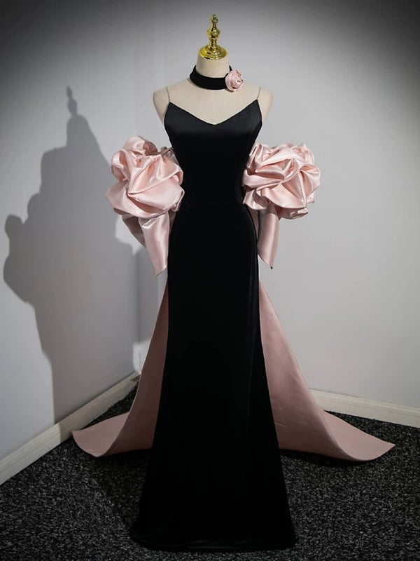 V Neck Pink Black Satin Long Prom Dresses with Bow, Pink Black Long Fo