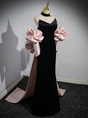 V Neck Pink Black Satin Long Prom Dresses with Bow, Pink Black Long Formal Evening Dresses