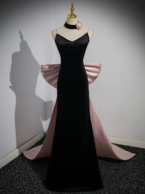 V Neck Pink Black Satin Long Prom Dresses with Bow, Pink Black Long Formal Evening Dresses