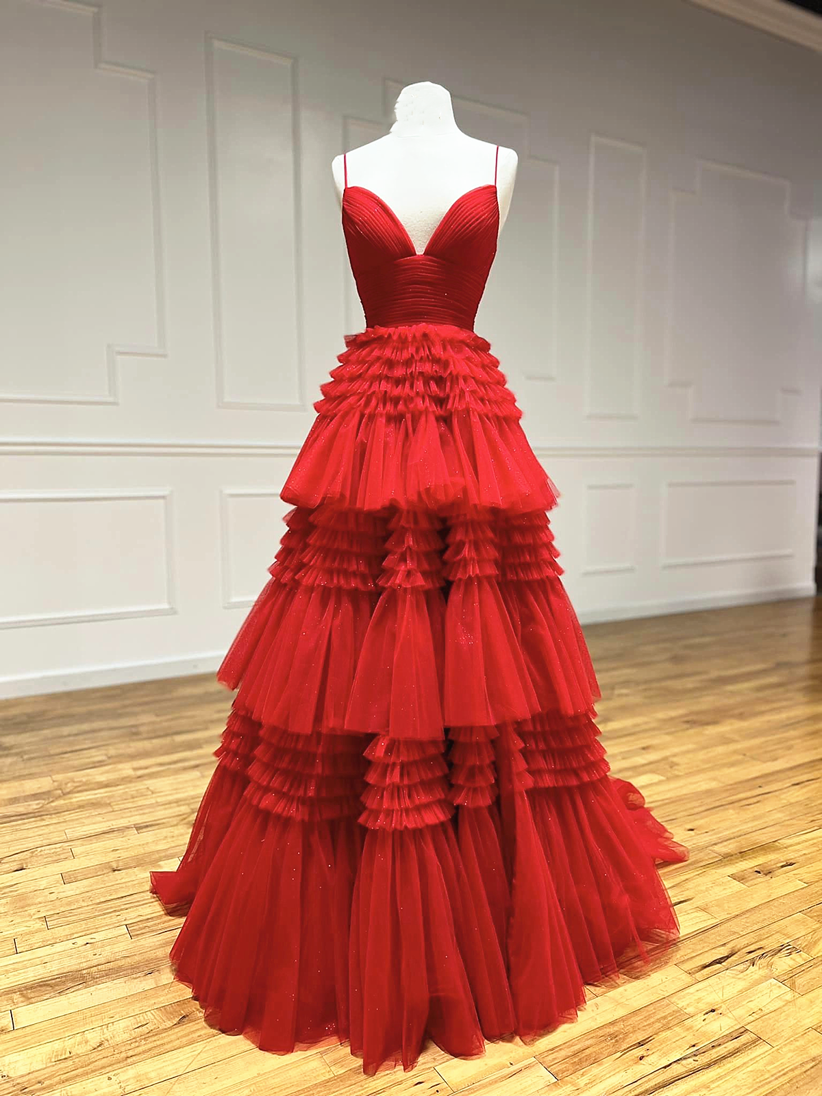 V Neck Pink Red Blue Layered Tulle Long Prom Dresses, V Neck Layered T - shegown V Neck Pink Red Blue Layered Tulle Long Prom Dresses, V Neck Layered T - shegown