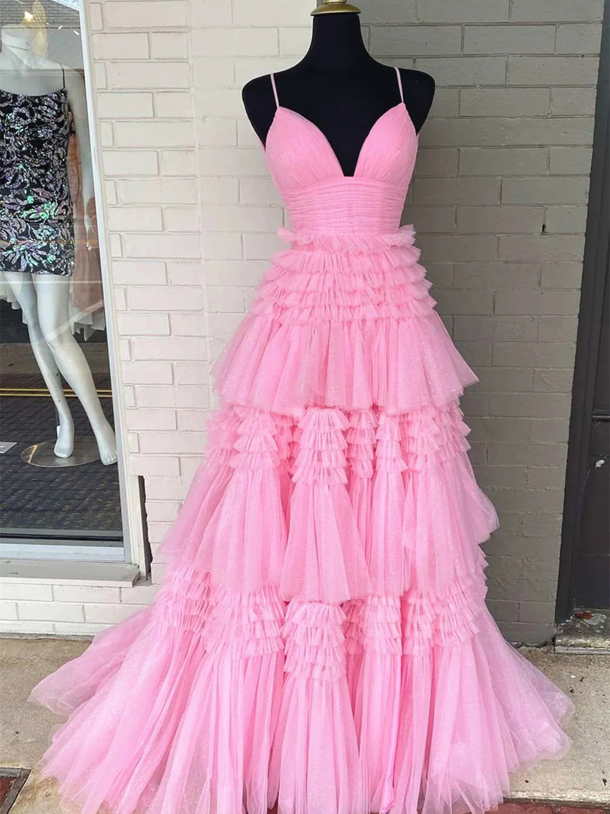 V Neck Pink Red Blue Layered Tulle Long Prom Dresses, V Neck Layered T - shegown V Neck Pink Red Blue Layered Tulle Long Prom Dresses, V Neck Layered T - shegown