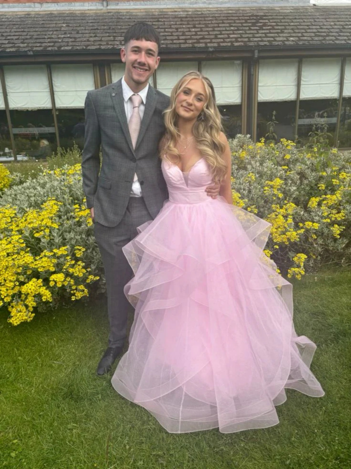 V Neck Pink Tulle Long Prom Dresses, Pink V Neck Tulle Long Formal Dresses