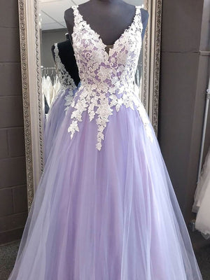 V Neck Purple Blue Lace Long Prom Dresses, Purple Blue Long Lace Formal Evening Dresses
