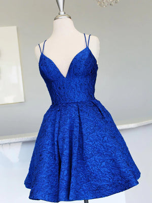 V Neck Short Backless Blue Lace Prom Dresses, Open Back Short Blue Lace Formal Homecoming Dresses