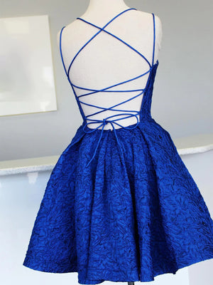 V Neck Short Backless Blue Lace Prom Dresses, Open Back Short Blue Lace Formal Homecoming Dresses