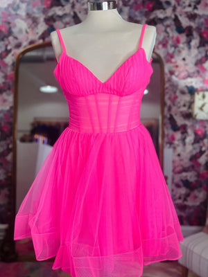 V Neck Short Pink Black Prom Dresses, Short V Neck Formal Homecoming Dresses