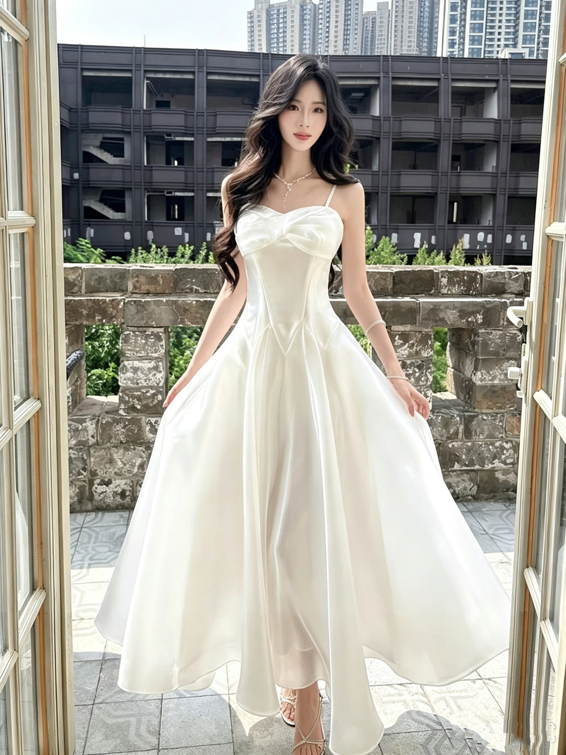 White Spaghetti Straps Satin A Line Prom Formal Dress, Ruched Sweetheart Neck Wedding Guest Dress