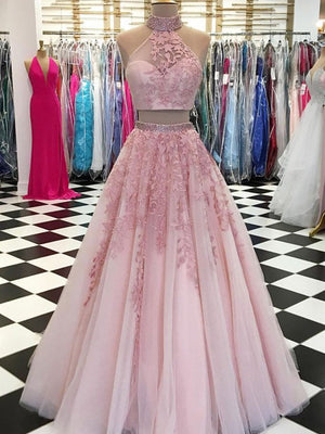 2 Pieces Pink Red Lace Prom Dresses, Two Pieces Pink Red Tulle Lace Formal Evening Dresses