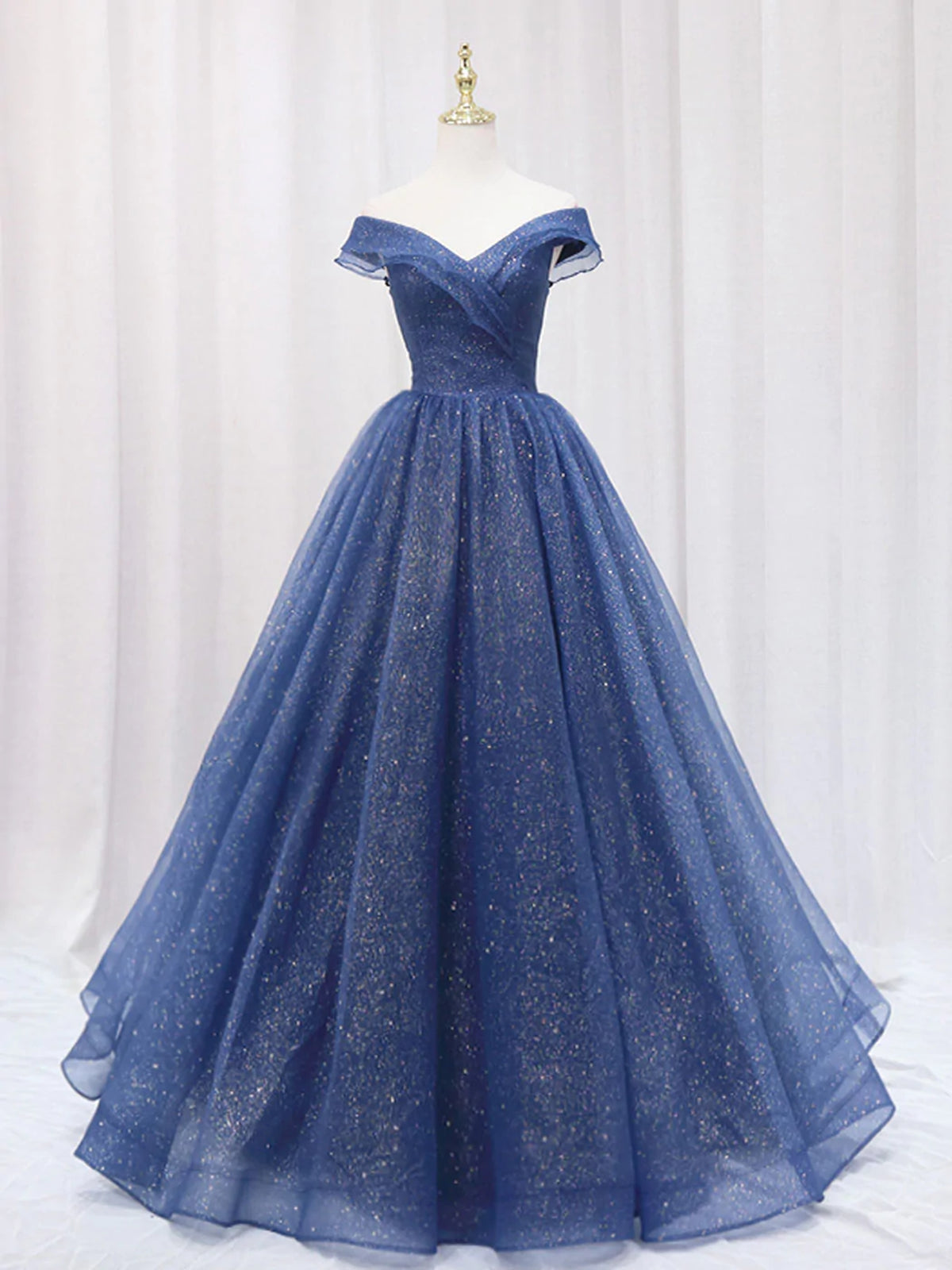 A Line Off the Shoulder Shiny Blue Long Prom Dresses, Off Shoulder Shiny Blue Formal Evening Dresses, US 16 / Blue as Pics / No Rush A Line Off the Shoulder Shiny Blue Long Prom Dresses, Off Shoulder Shiny Blue Formal Evening Dresses, US 16 / Blue as Pics / No Rush
