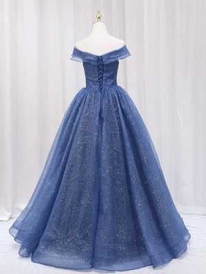 A Line Off the Shoulder Shiny Blue Long Prom Dresses, Off Shoulder Shiny Blue Formal Evening Dresses