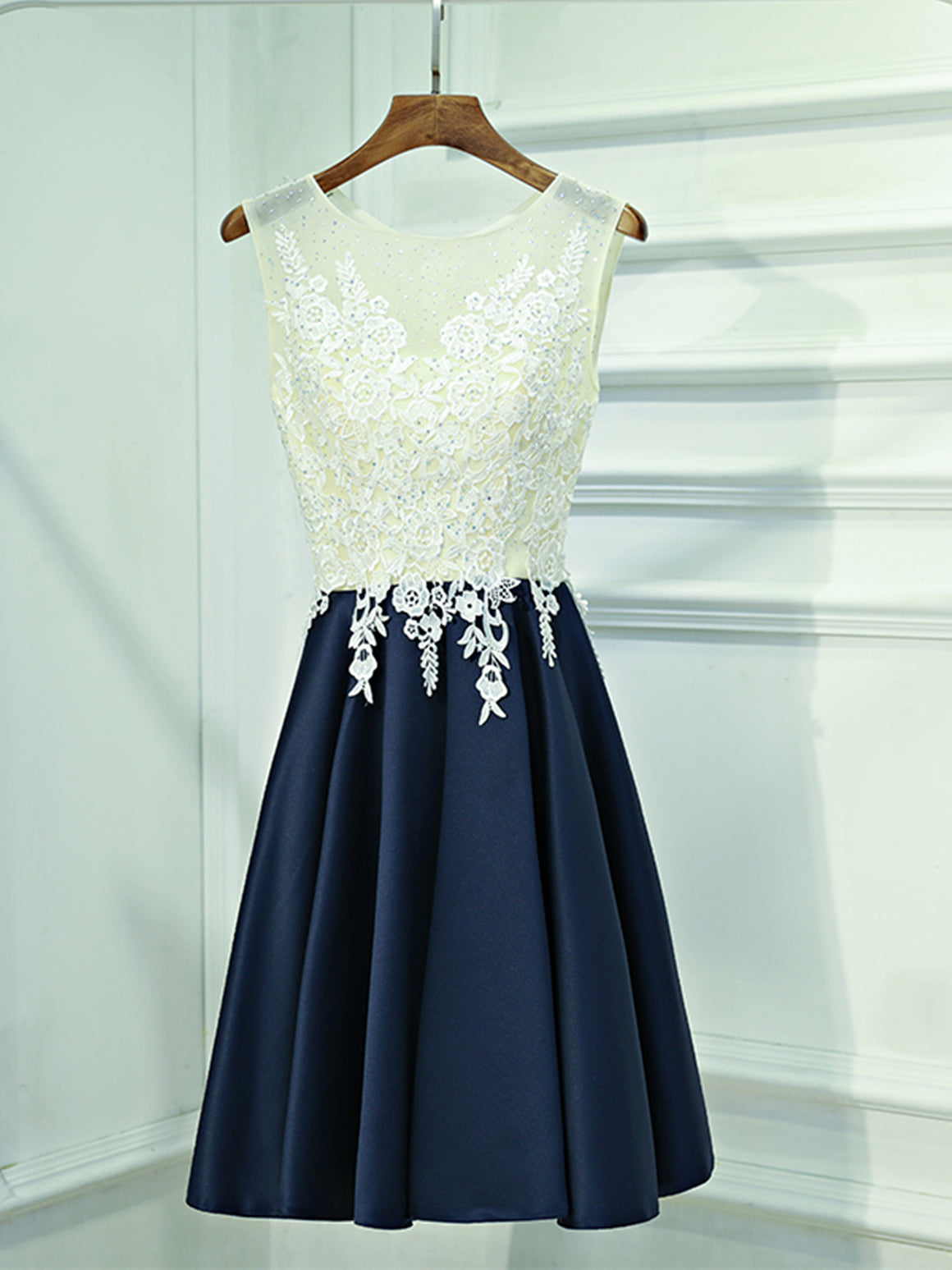 A Line Round Neck Short Lace Prom Dresses, Navy Blue Short Lace Formal Homecoming Dresses