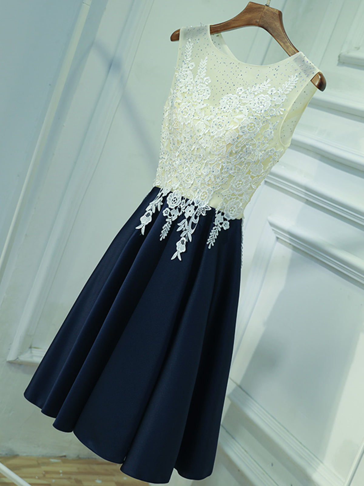 A Line Round Neck Short Lace Prom Dresses, Navy Blue Short Lace Formal Homecoming Dresses, US 14 / Custom Color / No Rush A Line Round Neck Short Lace Prom Dresses, Navy Blue Short Lace Formal Homecoming Dresses, US 14 / Custom Color / No Rush