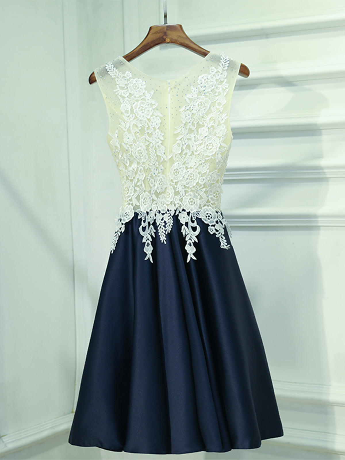A Line Round Neck Short Lace Prom Dresses, Navy Blue Short Lace Formal - shegown A Line Round Neck Short Lace Prom Dresses, Navy Blue Short Lace Formal - shegown