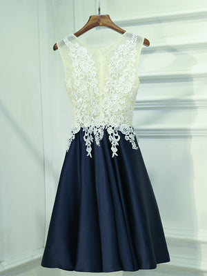 A Line Round Neck Short Lace Prom Dresses, Navy Blue Short Lace Formal Homecoming Dresses
