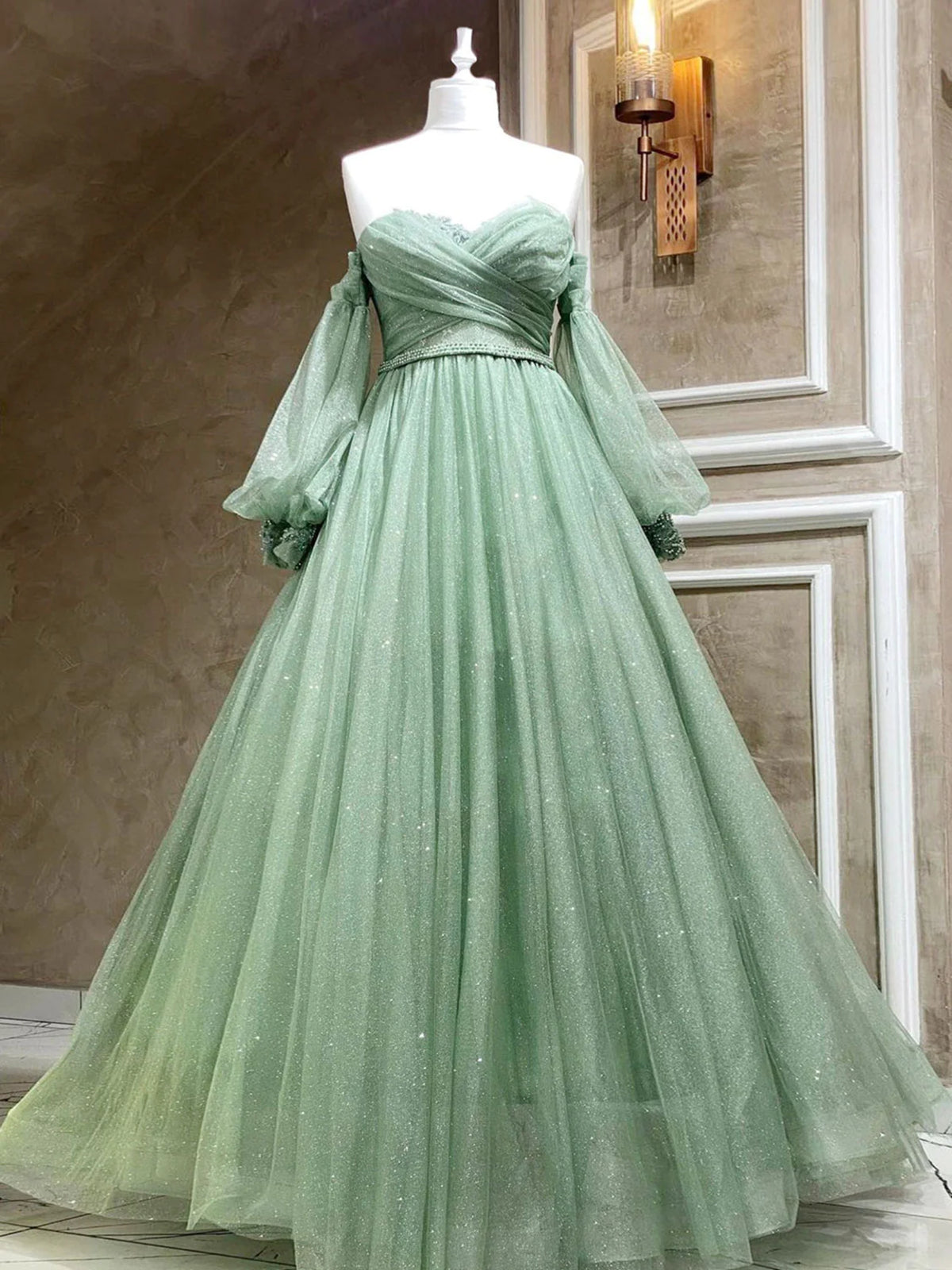 A Line Sweetheart Neck Long Sleeves Green Tulle Long Prom Dress, Long Green Formal Evening Dress A Line Sweetheart Neck Long Sleeves Green Tulle Long Prom Dress, Long Green Formal Evening Dress