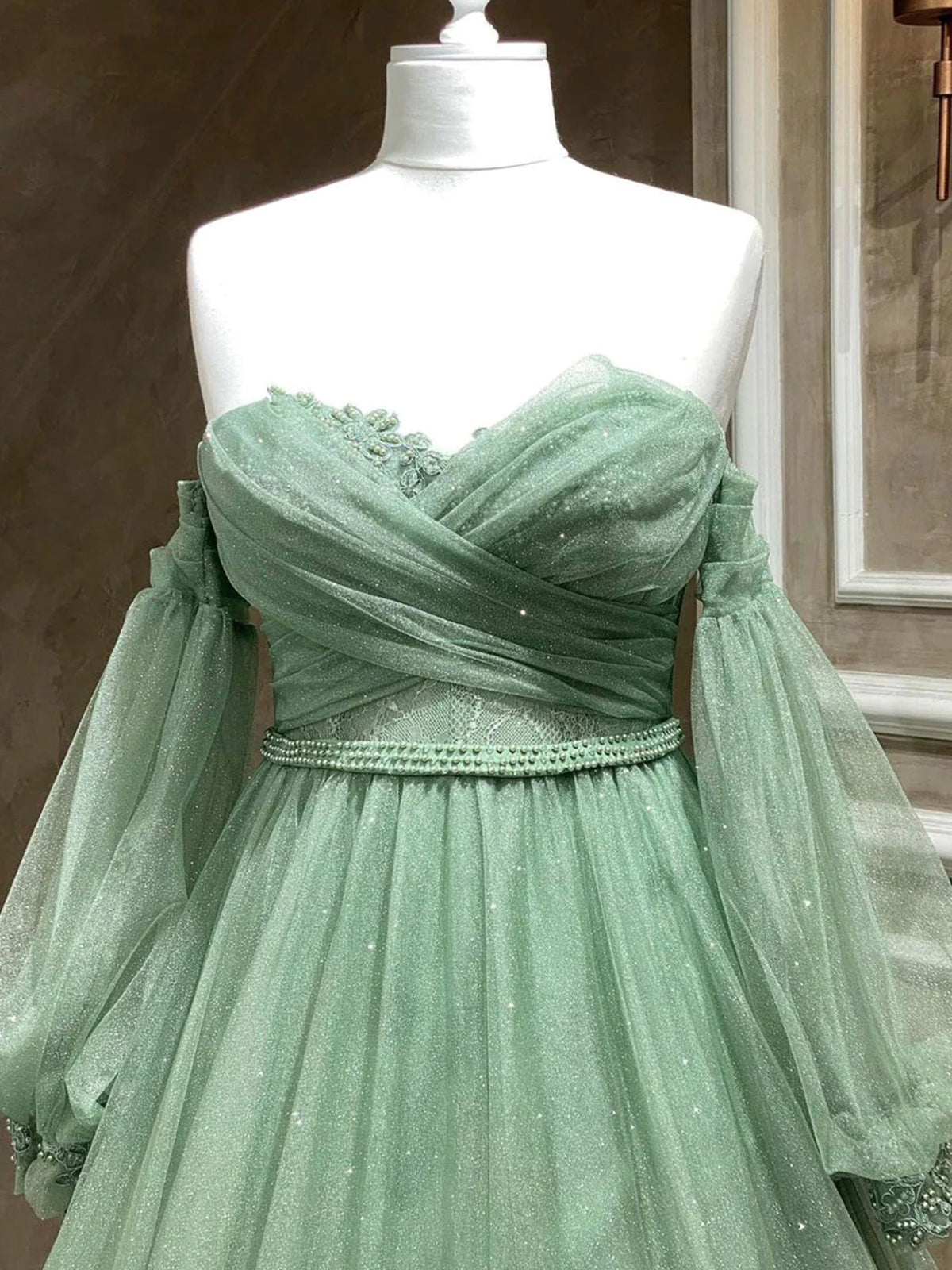A Line Sweetheart Neck Long Sleeves Green Tulle Long Prom Dress, Long - shegown A Line Sweetheart Neck Long Sleeves Green Tulle Long Prom Dress, Long - shegown