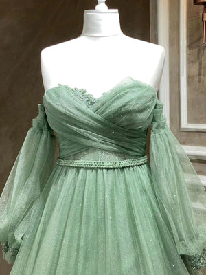 A Line Sweetheart Neck Long Sleeves Green Tulle Long Prom Dress, Long Green Formal Evening Dress