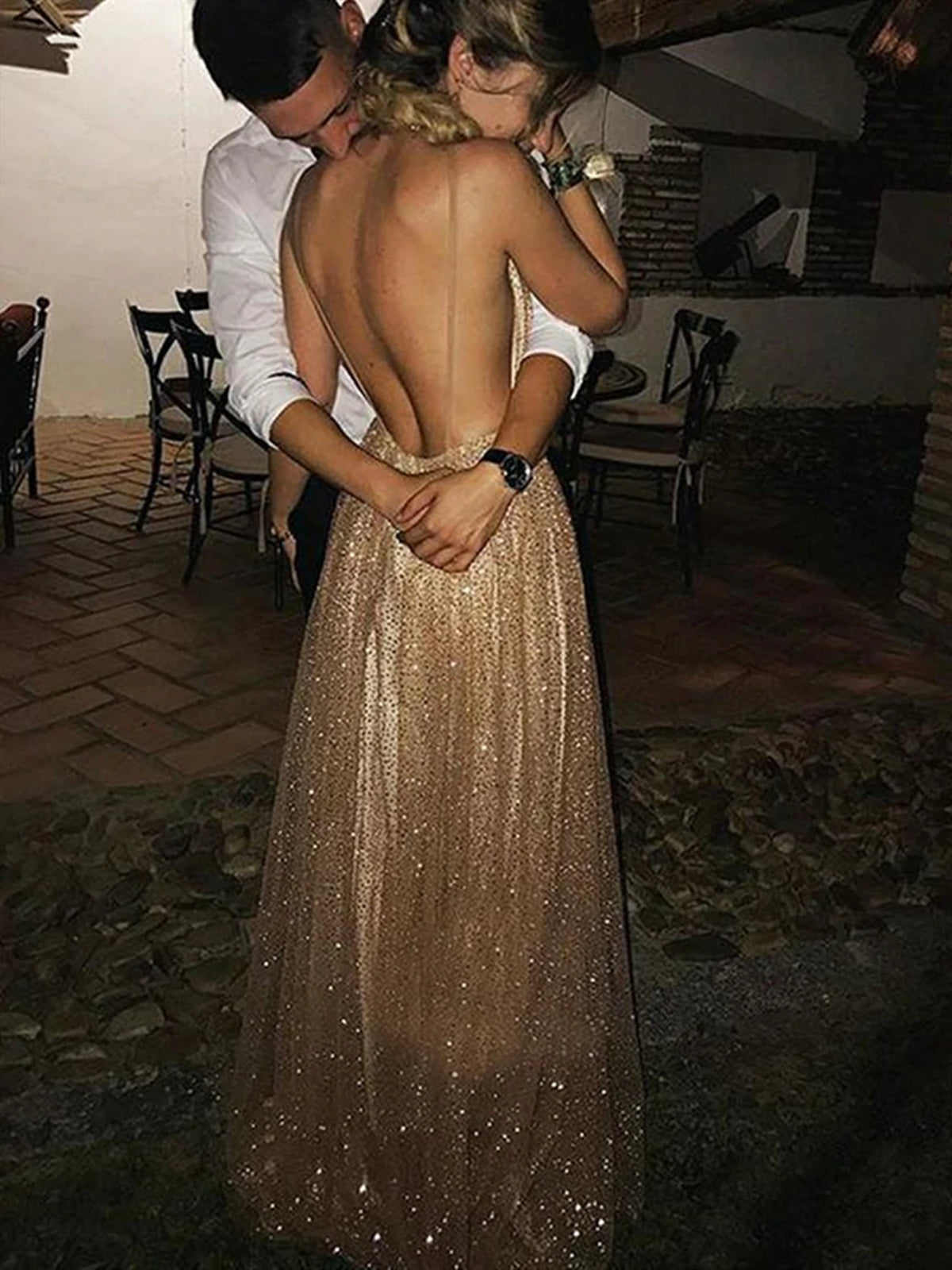 V Neck Backless Champagne Prom Dresses, Open Back Champagne Formal Graduation Dress V Neck Backless Champagne Prom Dresses, Open Back Champagne Formal Graduation Dress