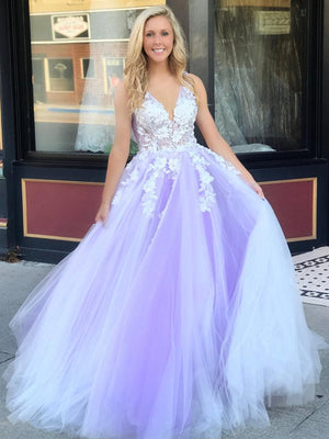 A Line V Neck Backless Purple Lace Prom Dressses, Open Back Purple Lace Formal Evening Dresses