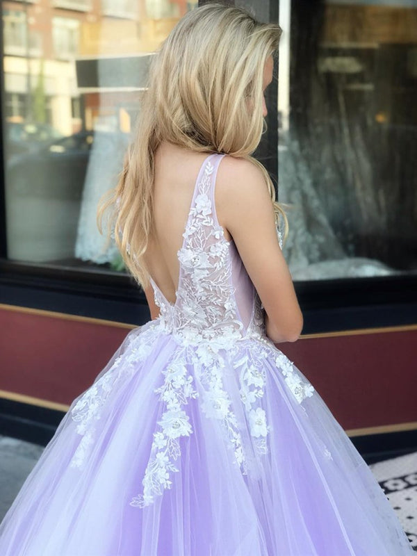 A Line V Neck Backless Purple Lace Prom Dressses, Open Back Purple Lace Formal Evening Dresses, US 14 / Purple as Pics / With Rush+$19.99