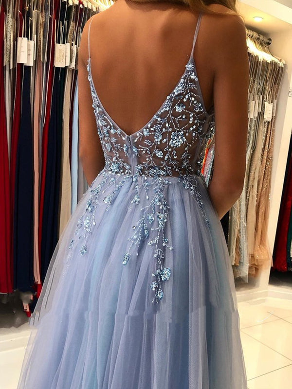A Line V Neck Backless Smoky Gray Long Beaded Prom Dresses, Open Back - shegown A Line V Neck Backless Smoky Gray Long Beaded Prom Dresses, Open Back - shegown
