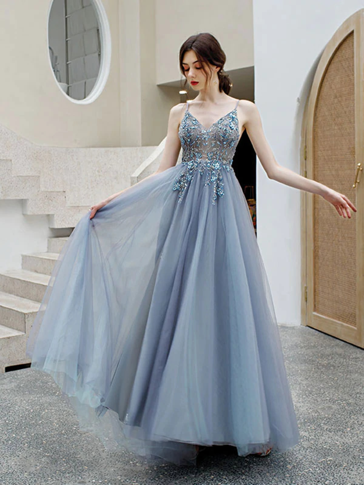 A Line V Neck Blue Long Prom Dresses, Beaded Blue Long Formal Graduati - shegown A Line V Neck Blue Long Prom Dresses, Beaded Blue Long Formal Graduati - shegown