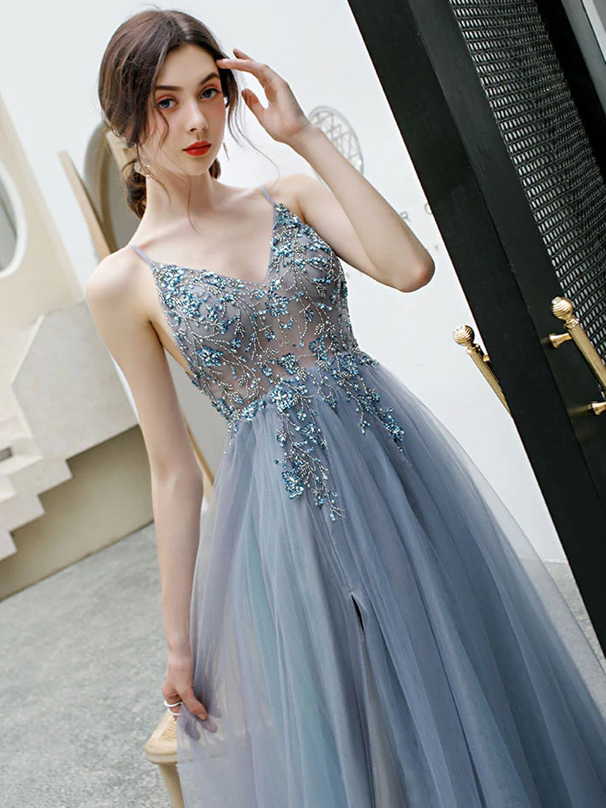 A Line V Neck Blue Long Prom Dresses, Beaded Blue Long Formal Graduati - shegown A Line V Neck Blue Long Prom Dresses, Beaded Blue Long Formal Graduati - shegown