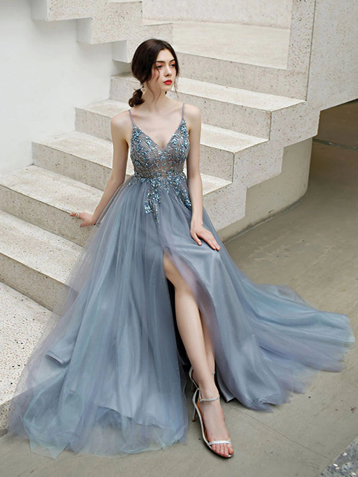 A Line V Neck Blue Long Prom Dresses, Beaded Blue Long Formal Graduati - shegown A Line V Neck Blue Long Prom Dresses, Beaded Blue Long Formal Graduati - shegown
