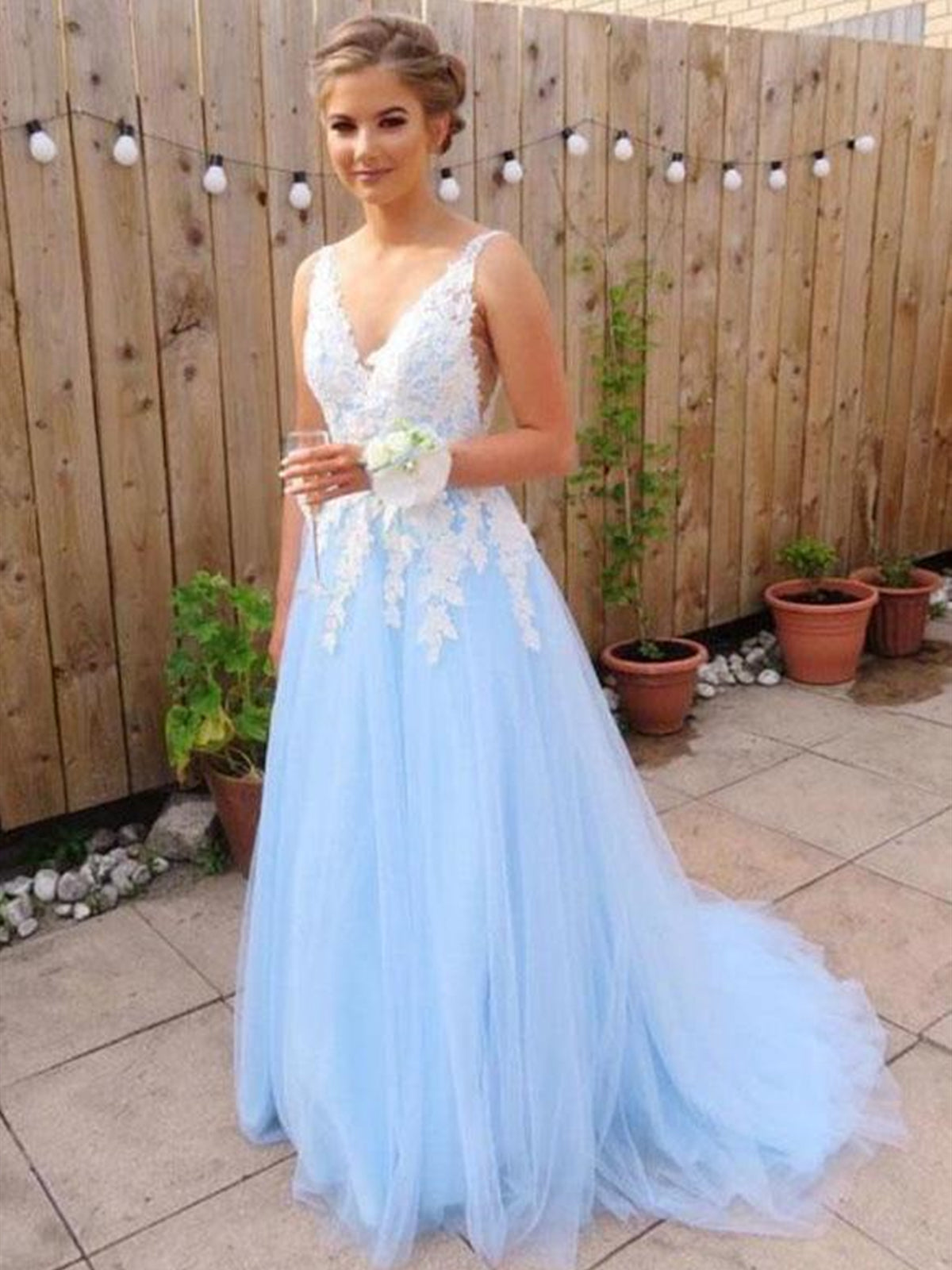 A Line V Neck Blue White Lace Prom Dresses, Light Blue White Lace Form -  shegown