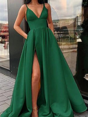 A Line V Neck Dark Green Long Prom Dresses, Dark Green Long Formal Graduation Dresses