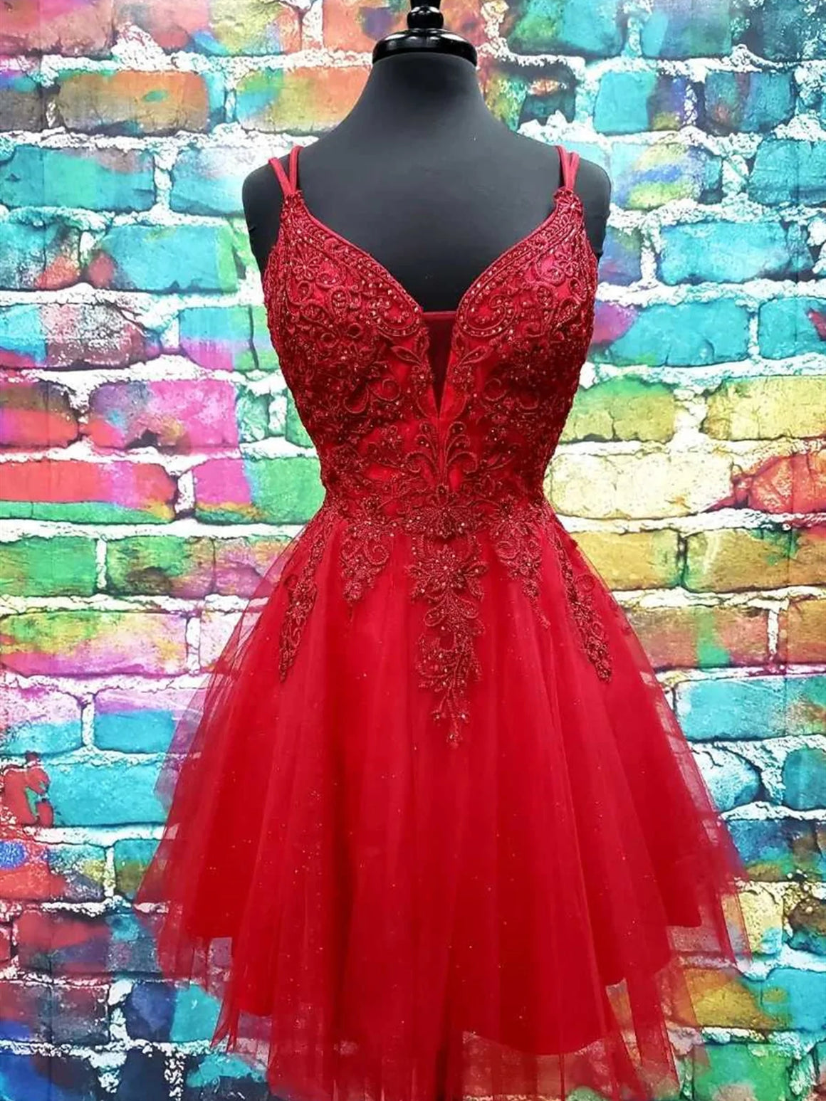 A Line V Neck Dark Red Lace Prom Dresses, Dark Red Lace Formal Homecoming Dresses