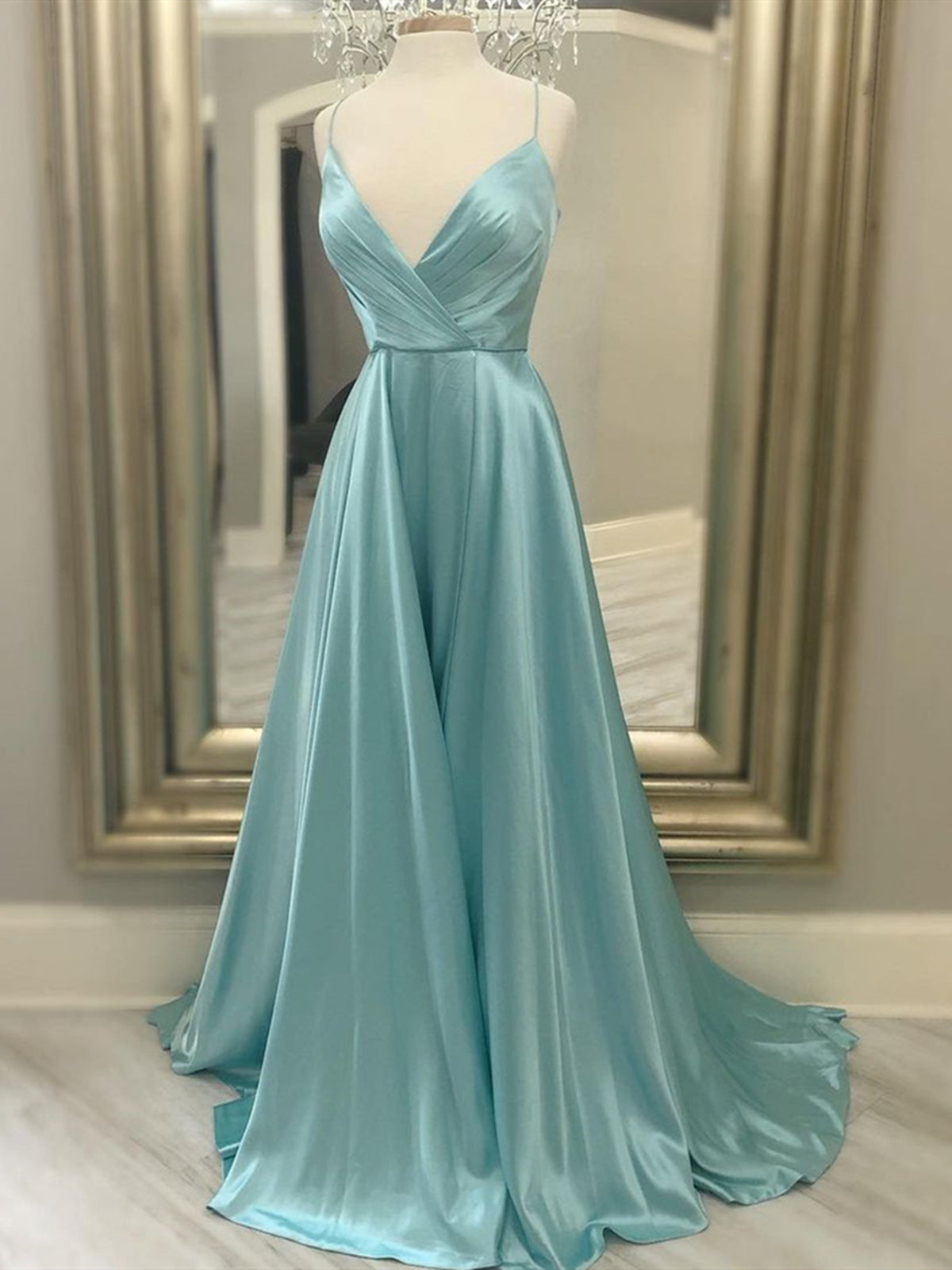 A Line V Neck Green Satin Long Prom Dresses, Green V Neck Long Formal - shegown A Line V Neck Green Satin Long Prom Dresses, Green V Neck Long Formal - shegown