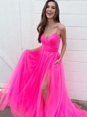 A Line V Neck Hot Pink Long Prom Dresses, Hot Pink Long Formal Evening Dresses
