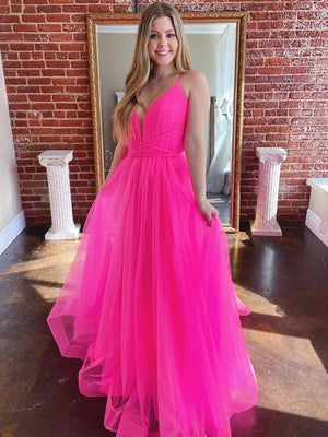 A Line V Neck Hot Pink Tulle Prom Dresses, Hot Pink Long Formal Graduation Dresses