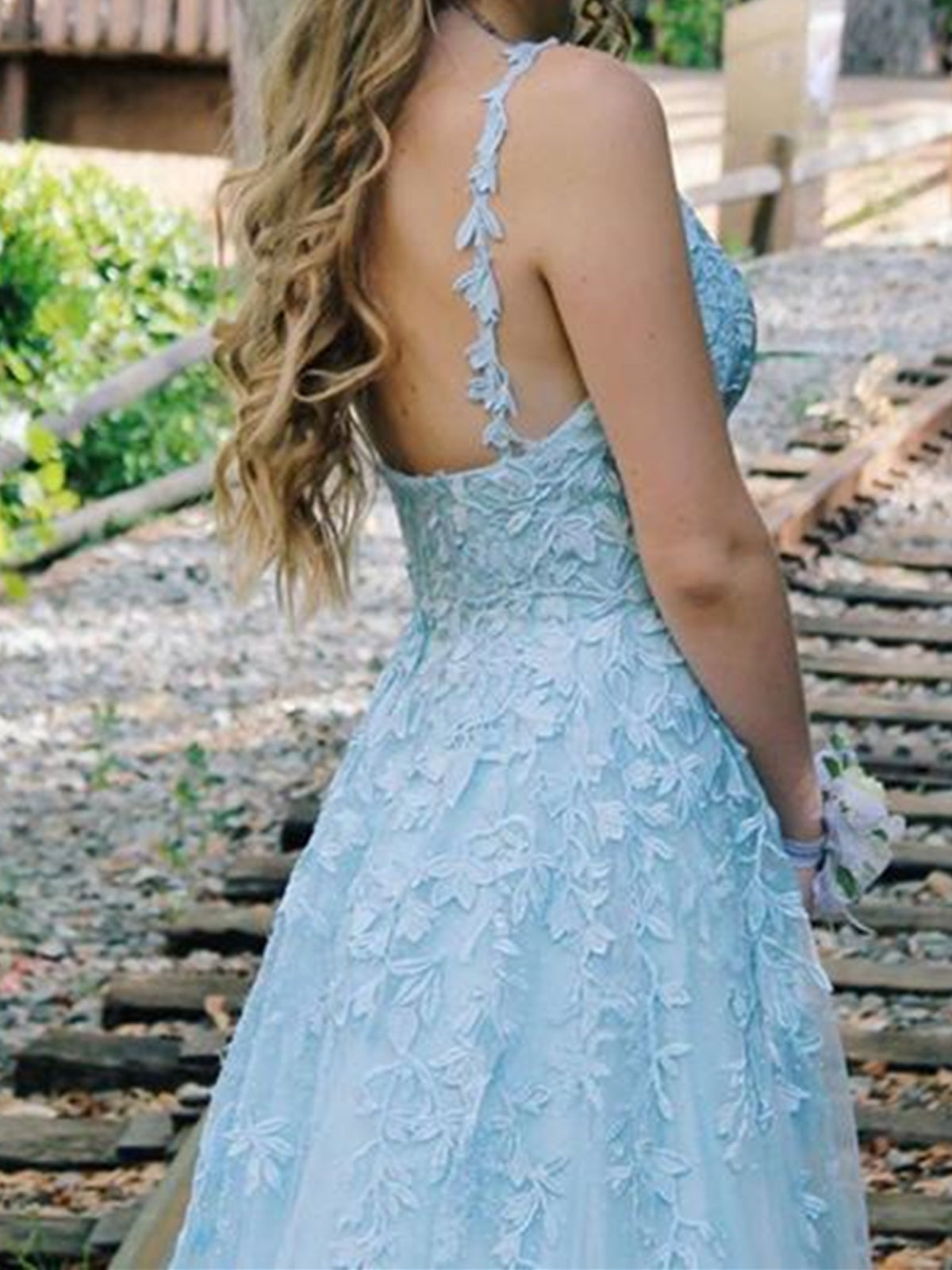 light blue and white dress A Line V Neck Light Blue White Lace Prom Dresses, Light Blue White Lace Formal Evening Dresses, US 12 / Blue as Pics / With Rush+$19.99