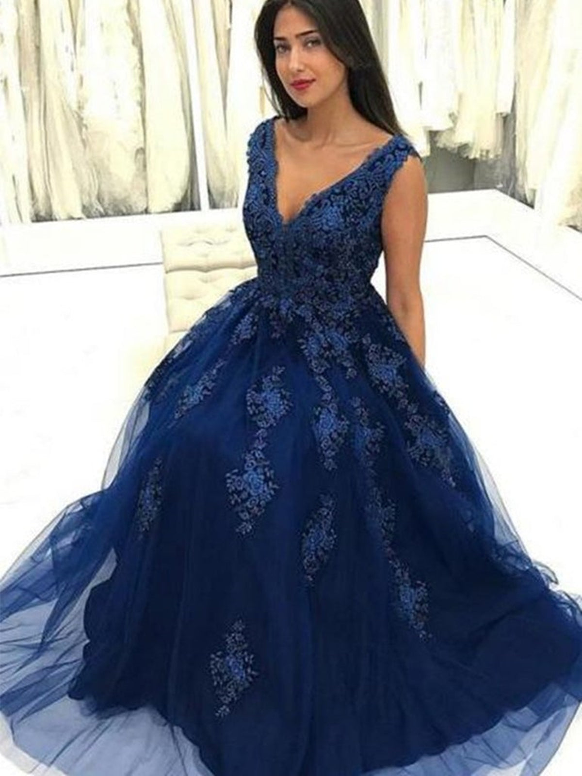 A Line V Neck Navy Blue Lace Prom Dresses, Dark Navy Blue Lace Formal - shegown A Line V Neck Navy Blue Lace Prom Dresses, Dark Navy Blue Lace Formal - shegown