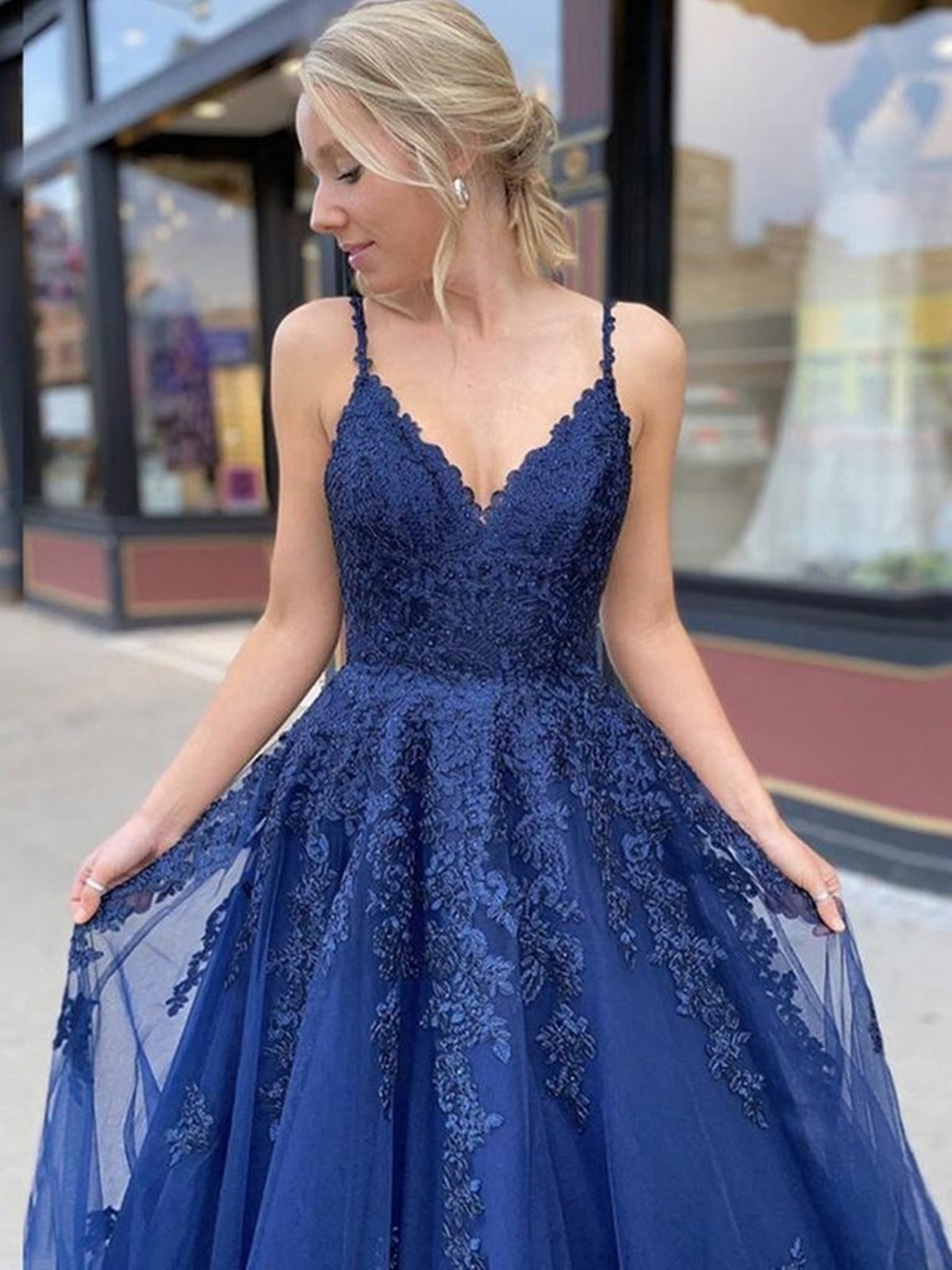 A Line V Neck Navy Blue Lace Prom Dresses, Dark Navy Blue Lace Formal Graduation Dresses A Line V Neck Navy Blue Lace Prom Dresses, Dark Navy Blue Lace Formal Graduation Dresses