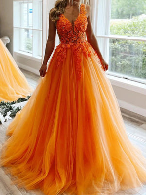 A Line V Neck Orange Lace Prom Dresses, Orange Lace Formal Graduation Dresses