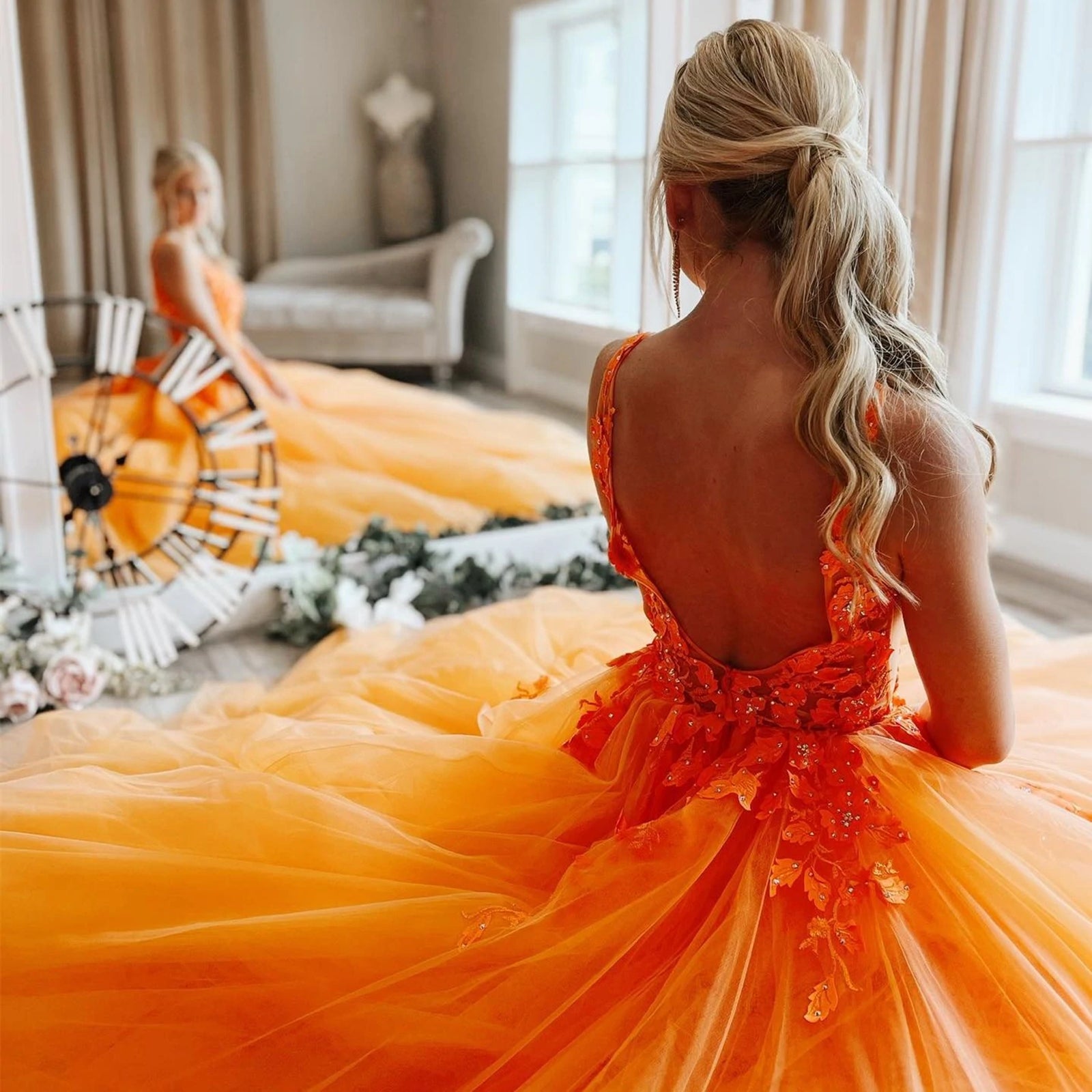 A Line V Neck Orange Lace Prom Dresses, Orange Lace Formal Graduation - shegown A Line V Neck Orange Lace Prom Dresses, Orange Lace Formal Graduation - shegown
