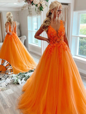 A Line V Neck Orange Lace Prom Dresses, Orange Lace Formal Graduation Dresses