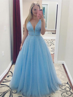 A Line V Neck Pink Yellow Blue Beaded Prom Dresses, V Neck Blue Beaded Formal Evening Dresses