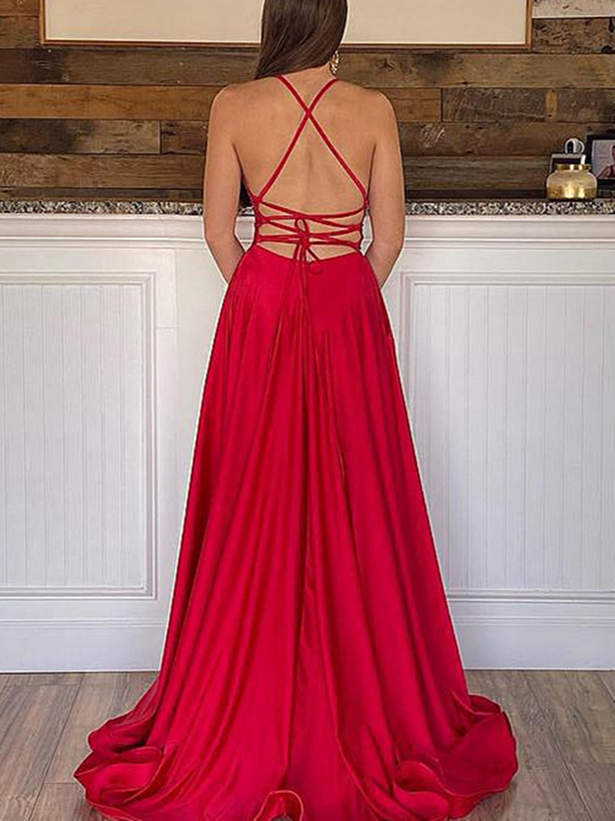 A Line V Neck Red High Slit Prom Dresses, V Neck Red Long Formal Graduation Dresses A Line V Neck Red High Slit Prom Dresses, V Neck Red Long Formal Graduation Dresses