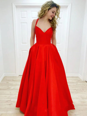 A Line V Neck Red Satin Long Prom Dresses, Red Satin Long Formal Graduation Dresses