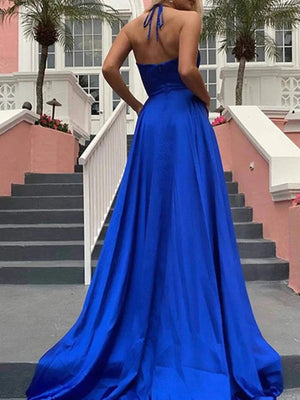 A Line V Neck Royal Blue Long Prom Dresses, Royal Blue Long Formal Graduation Dresses